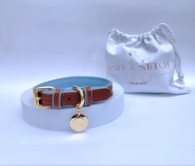 Load image into Gallery viewer, Brown & Blue Traditional European Leather Dog Collar with classic blue leather lining and edging detail