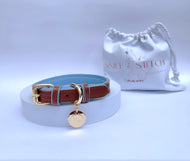 Brown & Blue Traditional European Leather Dog Collar with classic blue leather lining and edging detail