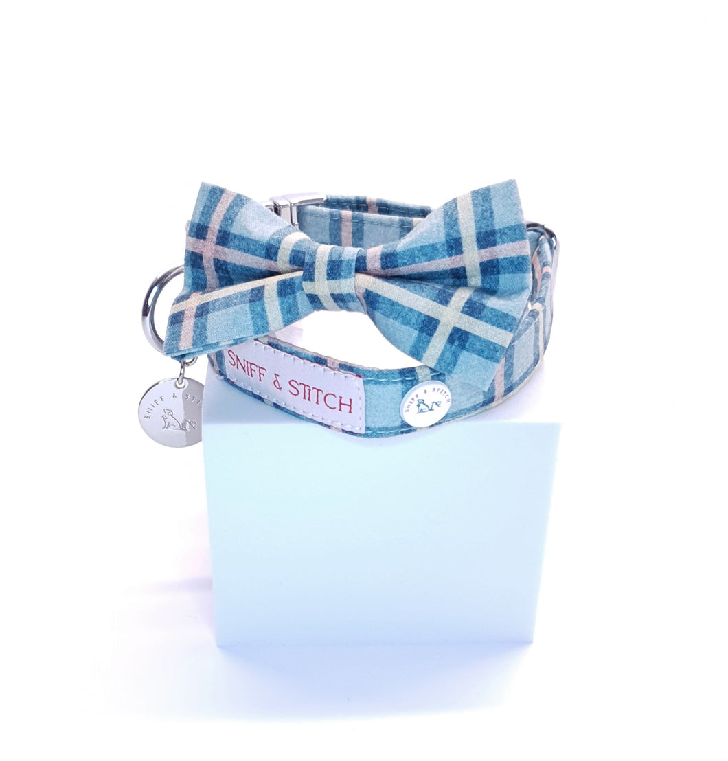 Comfy Cotton Blue Tartan Collar & Bow Tie